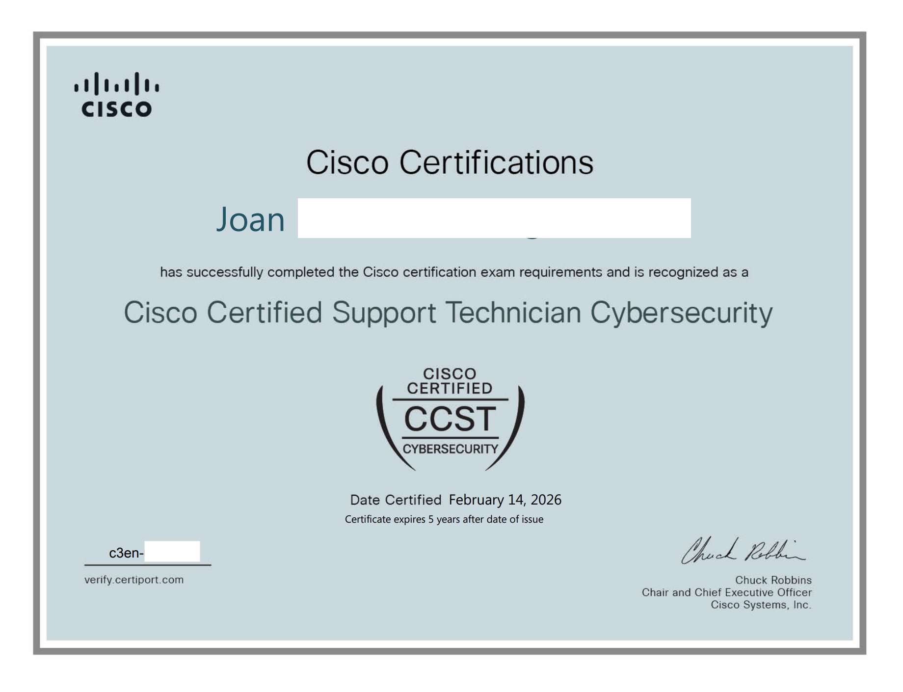 Alumno certificado CCST Cybersecurity